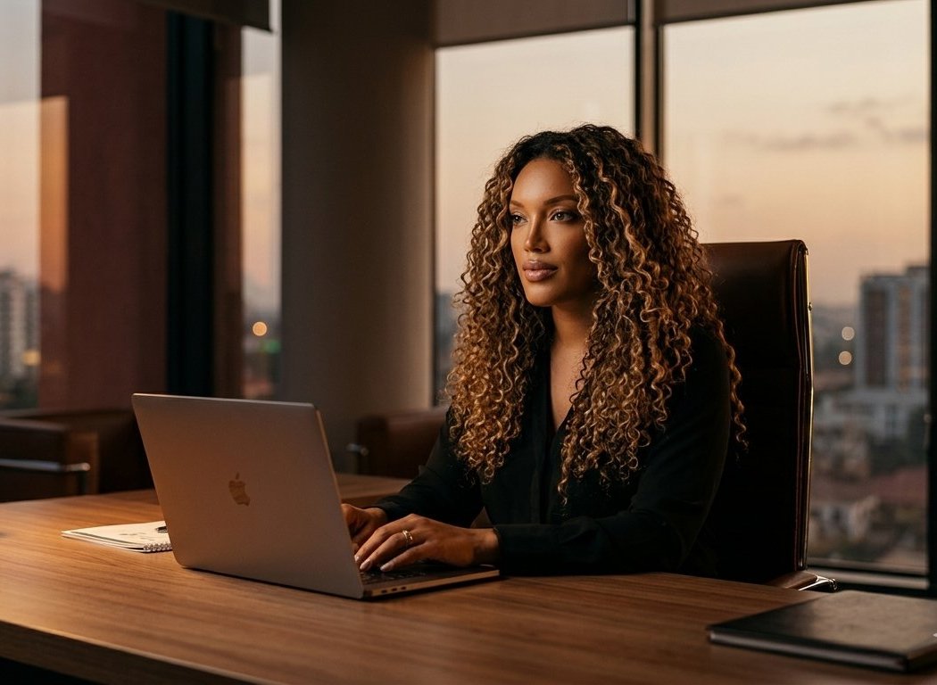 Nigerian business leader working at a laptop in a sunset-lit office